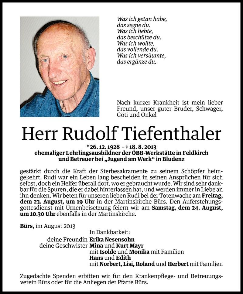  Todesanzeige für Rudolf Tiefenthaler vom 21.08.2013 aus Vorarlberger Nachrichten