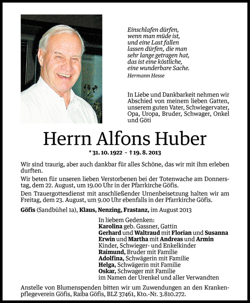  Todesanzeige für Alfons Huber vom 21.08.2013 aus Vorarlberger Nachrichten