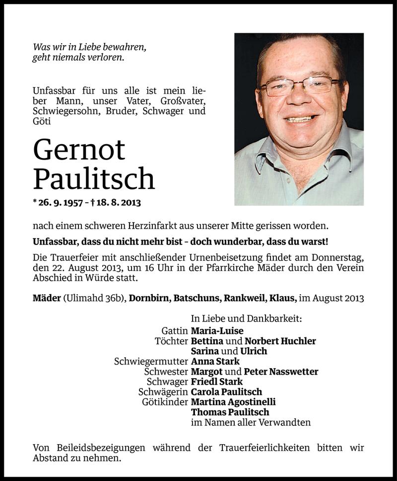  Todesanzeige für Gernot Paulitsch vom 21.08.2013 aus Vorarlberger Nachrichten