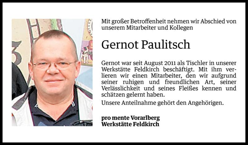  Todesanzeige für Gernot Paulitsch vom 20.08.2013 aus Vorarlberger Nachrichten