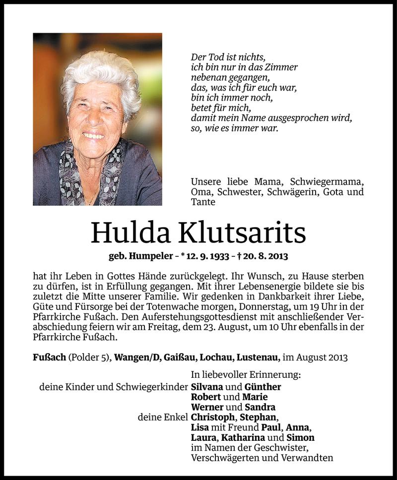  Todesanzeige für Hulda Klutsarits vom 20.08.2013 aus Vorarlberger Nachrichten