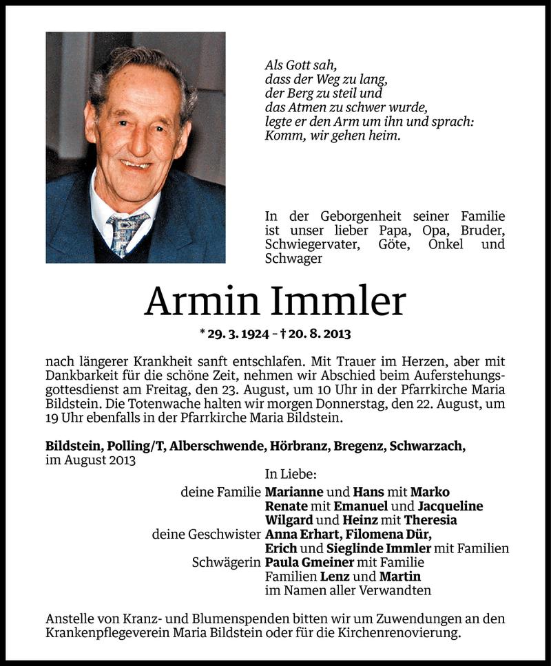  Todesanzeige für Armin Immler vom 20.08.2013 aus Vorarlberger Nachrichten