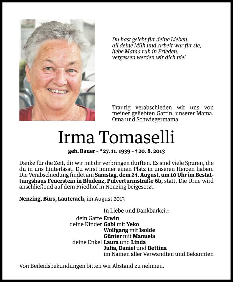  Todesanzeige für Irma Tomaselli vom 22.08.2013 aus Vorarlberger Nachrichten