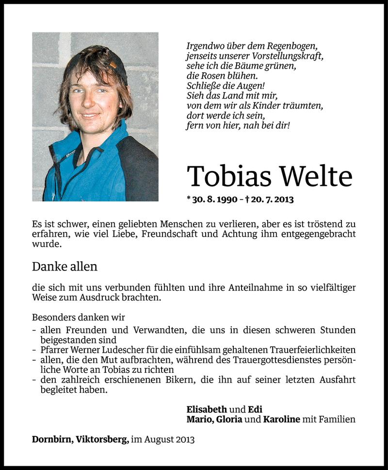  Todesanzeige für Tobias Welte vom 22.08.2013 aus Vorarlberger Nachrichten