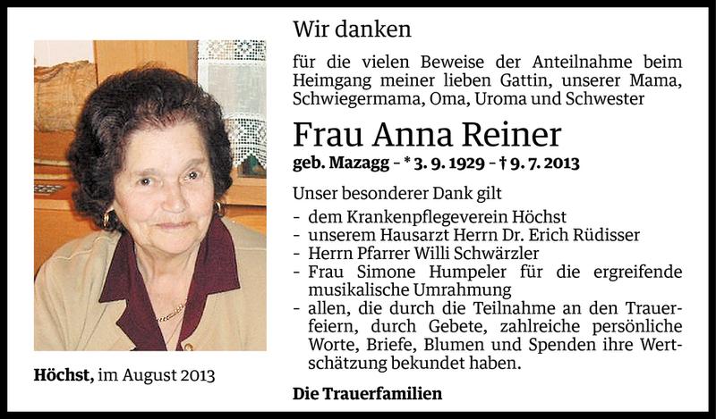  Todesanzeige für Anna Reiner vom 23.08.2013 aus Vorarlberger Nachrichten