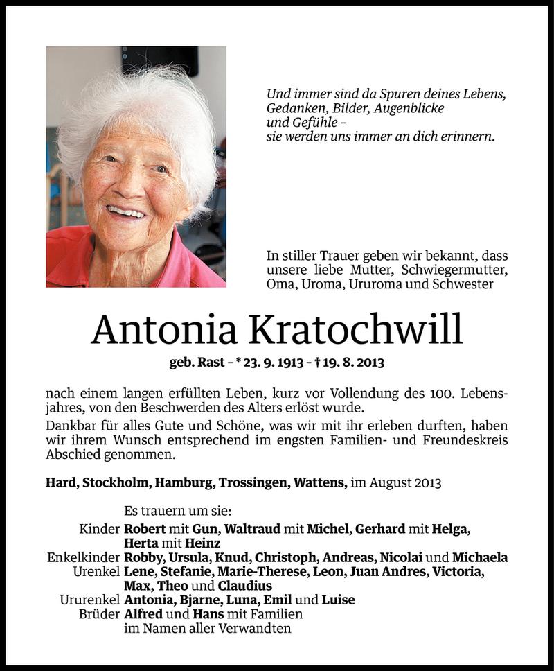 Todesanzeige für Antonia Kratochwill vom 24.08.2013 aus Vorarlberger Nachrichten
