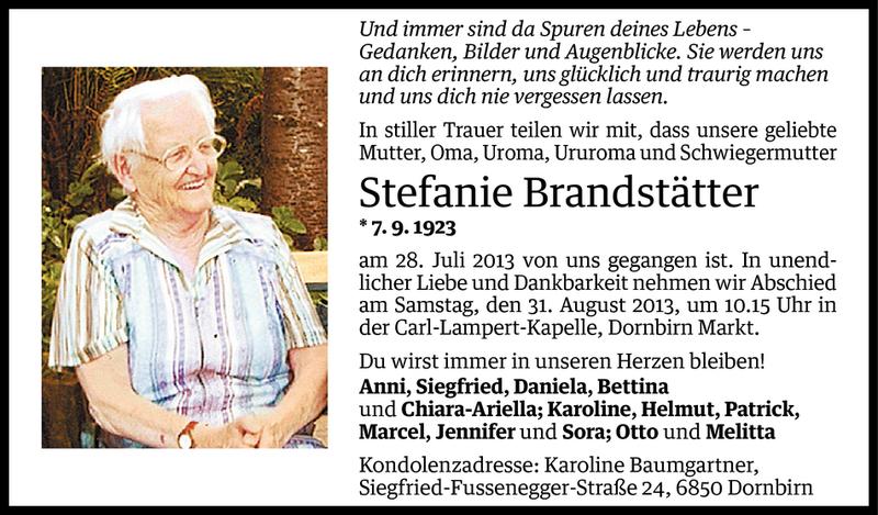  Todesanzeige für Stefanie Brandstätter vom 23.08.2013 aus Vorarlberger Nachrichten