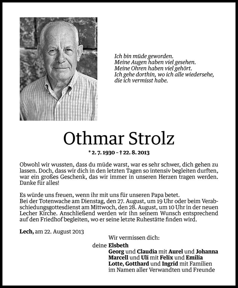  Todesanzeige für Othmar Strolz vom 24.08.2013 aus Vorarlberger Nachrichten