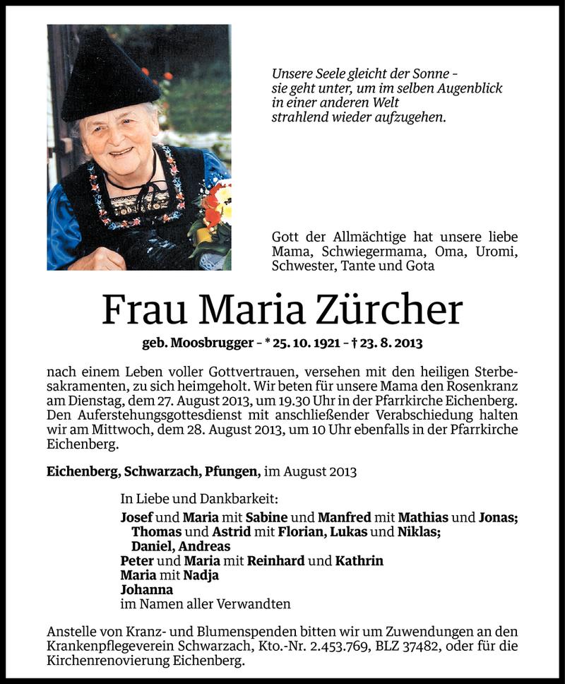  Todesanzeige für Maria Zürcher vom 25.08.2013 aus Vorarlberger Nachrichten