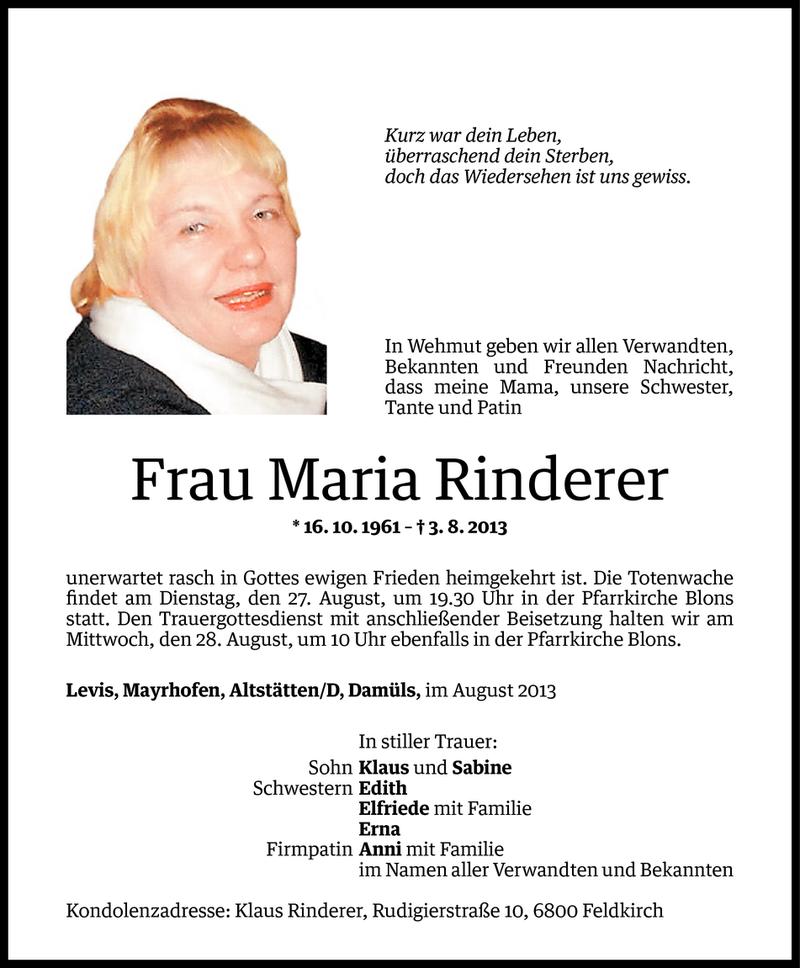  Todesanzeige für Maria Rinderer vom 25.08.2013 aus Vorarlberger Nachrichten