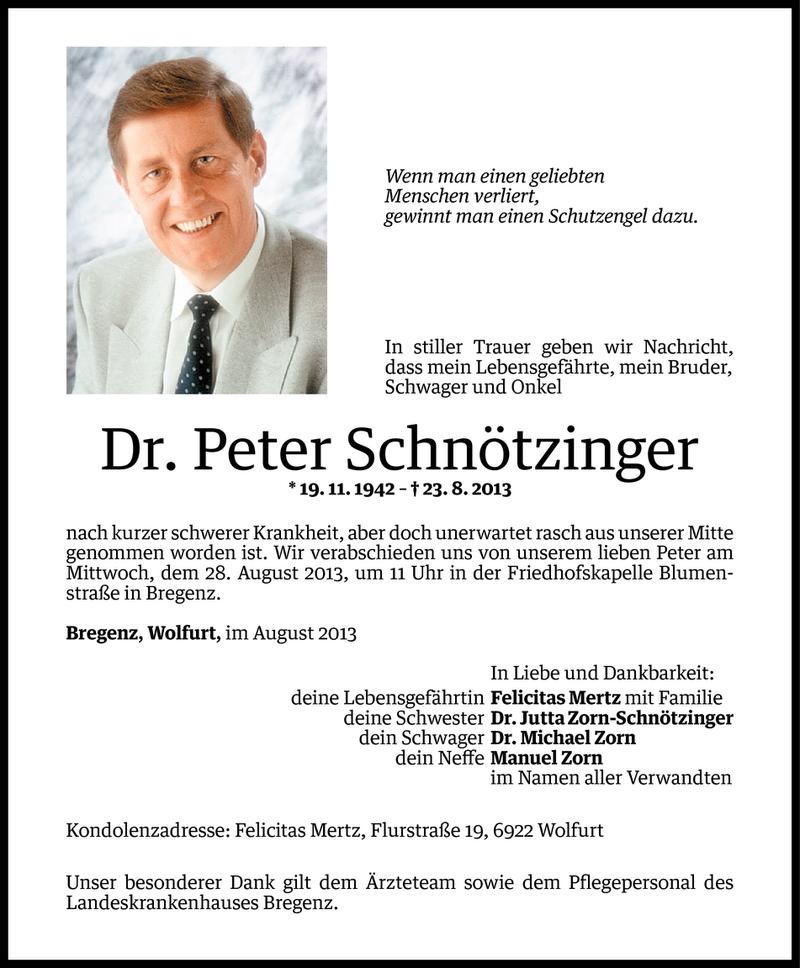  Todesanzeige für Peter Schnötzinger vom 26.08.2013 aus Vorarlberger Nachrichten