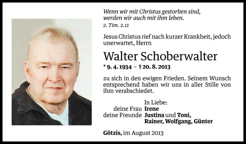  Todesanzeige für Walter Schoberwalter vom 29.08.2013 aus Vorarlberger Nachrichten