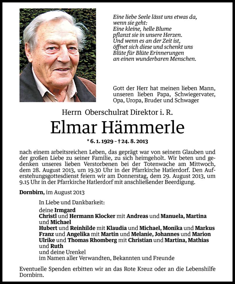  Todesanzeige für Elmar Hämmerle vom 26.08.2013 aus Vorarlberger Nachrichten