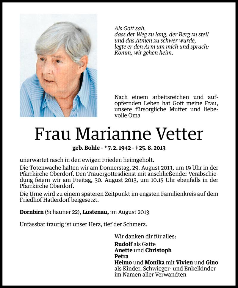  Todesanzeige für Marianne Vetter vom 27.08.2013 aus Vorarlberger Nachrichten