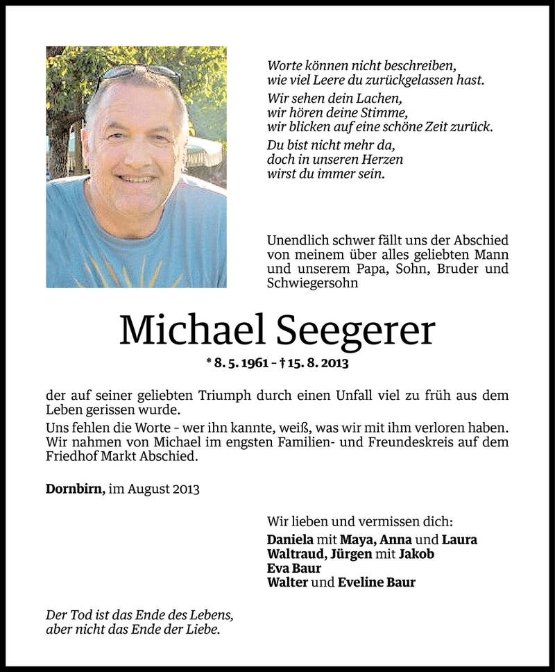  Todesanzeige für Michael Seegerer vom 29.08.2013 aus Vorarlberger Nachrichten