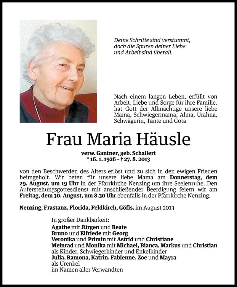  Todesanzeige für Maria Häusle vom 29.08.2013 aus Vorarlberger Nachrichten