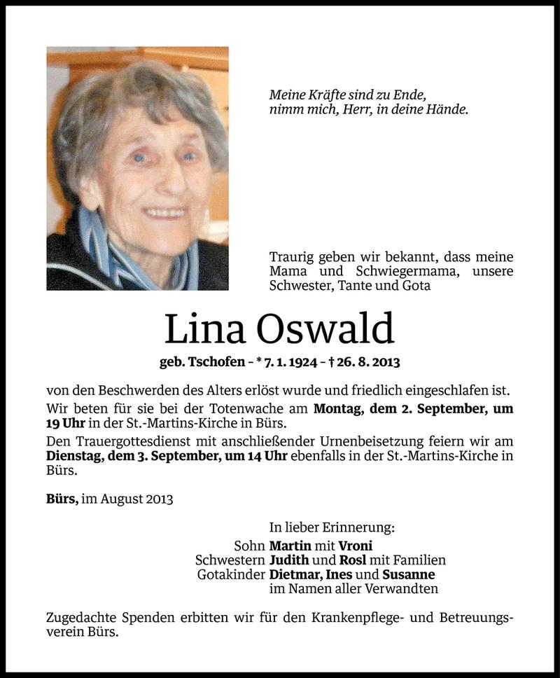  Todesanzeige für Lina Oswald vom 31.08.2013 aus Vorarlberger Nachrichten