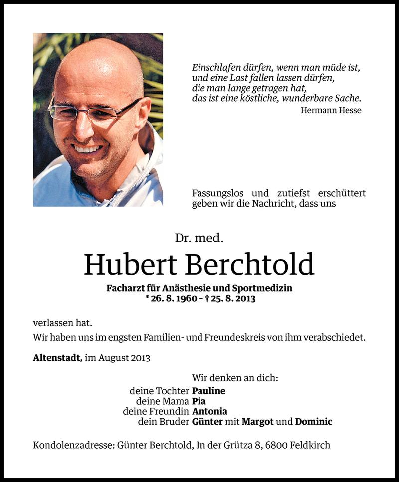  Todesanzeige für Dr. med. Hubert Berchtold vom 02.09.2013 aus Vorarlberger Nachrichten