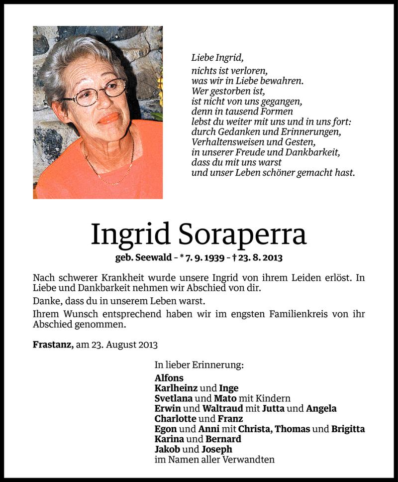  Todesanzeige für Ingrid Soraperra vom 30.08.2013 aus Vorarlberger Nachrichten