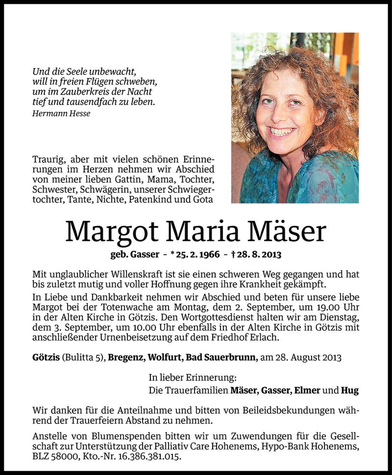  Todesanzeige für Margot Maria Mäser vom 31.08.2013 aus Vorarlberger Nachrichten