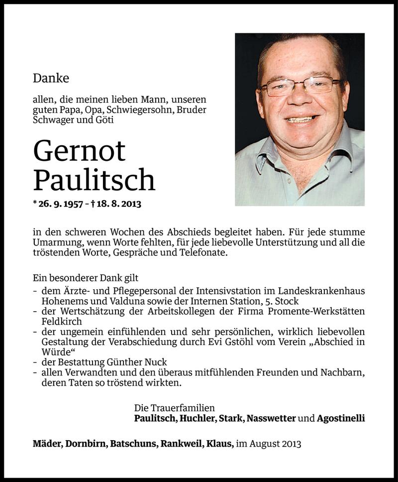  Todesanzeige für Gernot Paulitsch vom 29.08.2013 aus Vorarlberger Nachrichten