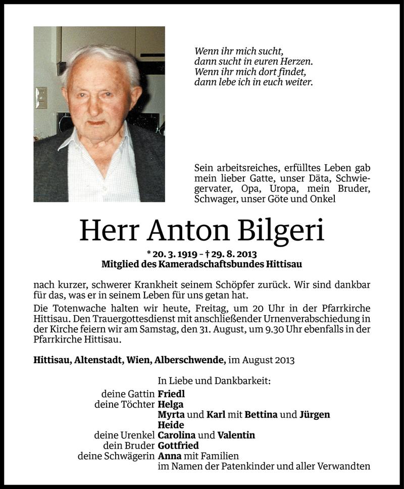  Todesanzeige für Anton Bilgeri vom 29.08.2013 aus Vorarlberger Nachrichten