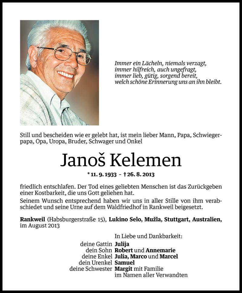  Todesanzeige für Janos Kelemen vom 30.08.2013 aus Vorarlberger Nachrichten