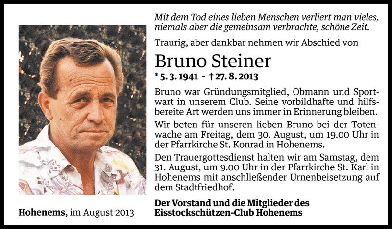  Todesanzeige für Bruno Steiner vom 30.08.2013 aus Vorarlberger Nachrichten