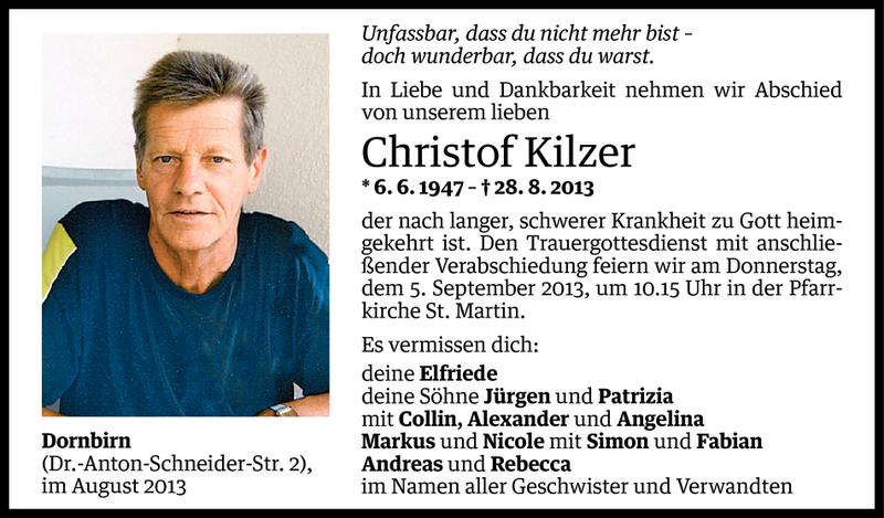  Todesanzeige für Christof Kilzer vom 30.08.2013 aus Vorarlberger Nachrichten