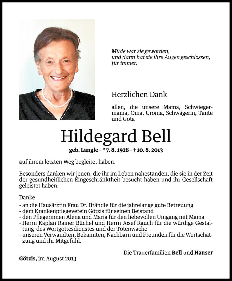  Todesanzeige für Hildegard Bell vom 30.08.2013 aus Vorarlberger Nachrichten