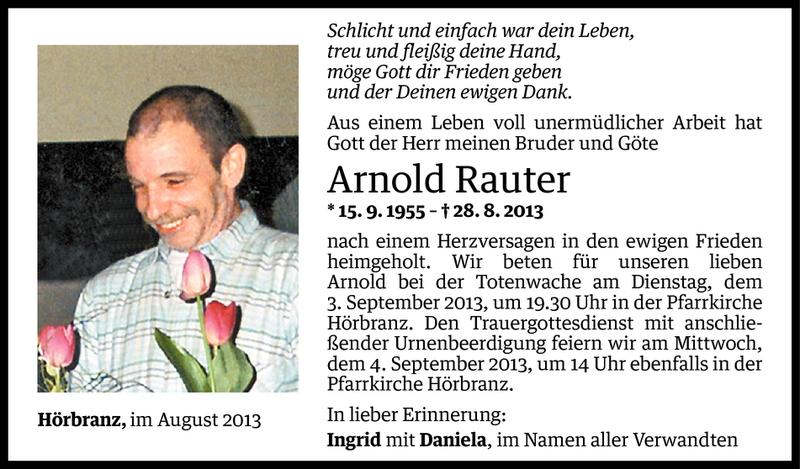  Todesanzeige für Arnold Rauter vom 30.08.2013 aus Vorarlberger Nachrichten