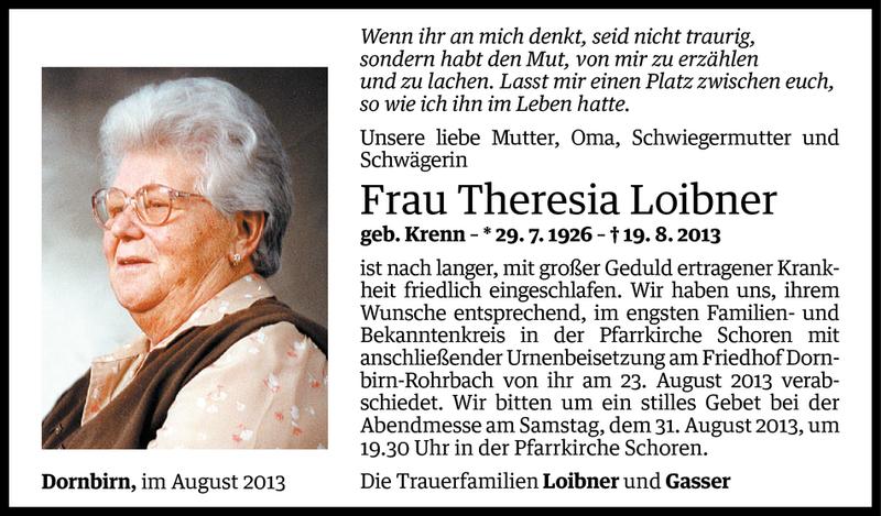  Todesanzeige für Theresia Loibner vom 31.08.2013 aus Vorarlberger Nachrichten