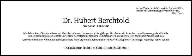  Todesanzeige für Dr. med. Hubert Berchtold vom 01.09.2013 aus Vorarlberger Nachrichten