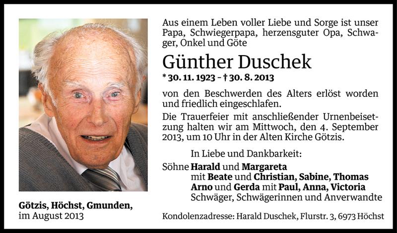  Todesanzeige für Günther Duschek vom 01.09.2013 aus Vorarlberger Nachrichten