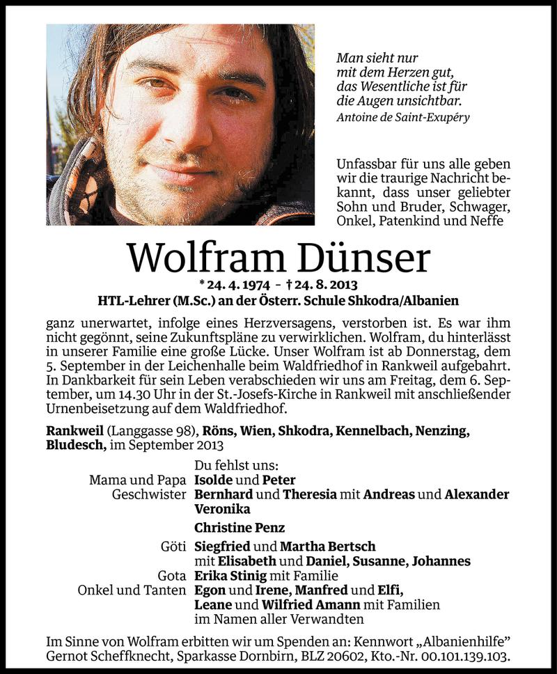  Todesanzeige für Wolfram Dünser vom 04.09.2013 aus Vorarlberger Nachrichten