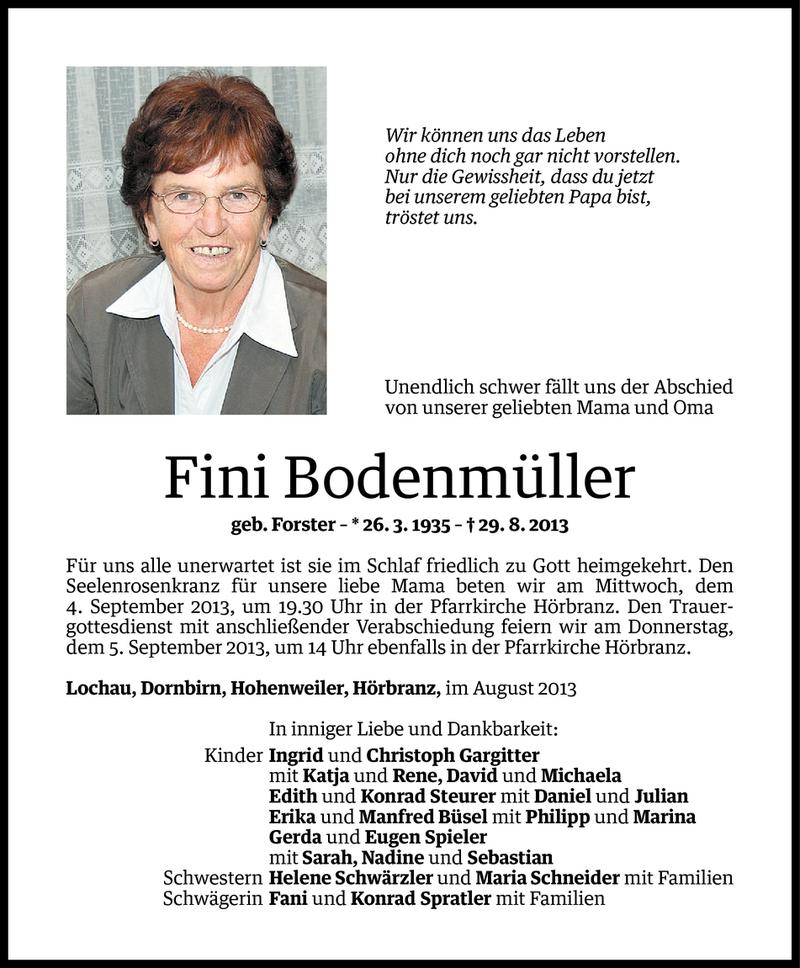  Todesanzeige für Fini Bodenmüller vom 02.09.2013 aus Vorarlberger Nachrichten