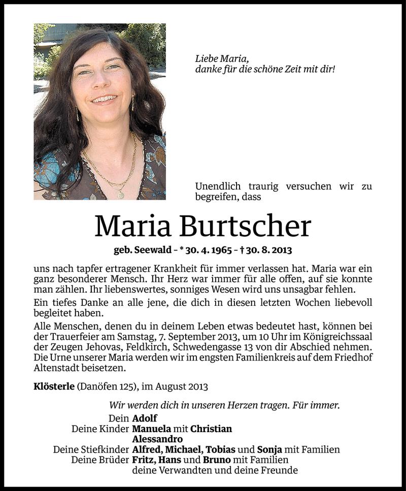  Todesanzeige für Maria Burtscher vom 03.09.2013 aus Vorarlberger Nachrichten