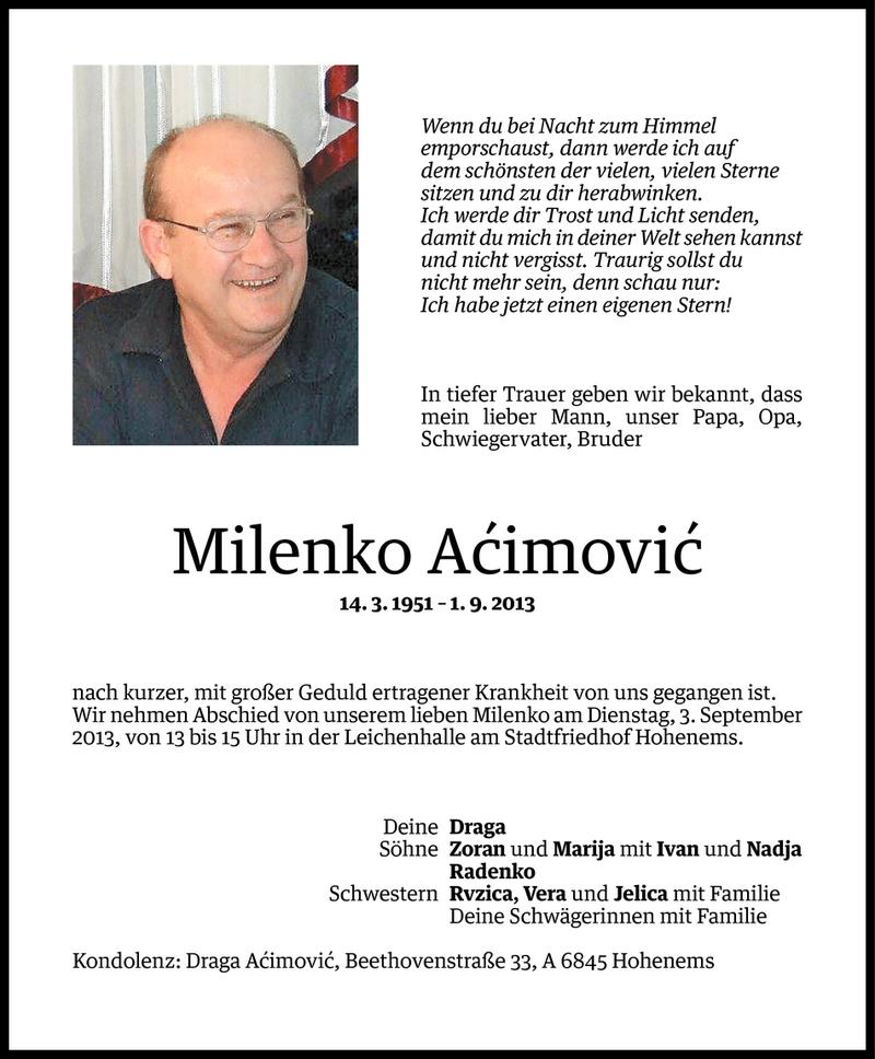  Todesanzeige für Milenko Acimovic vom 02.09.2013 aus Vorarlberger Nachrichten