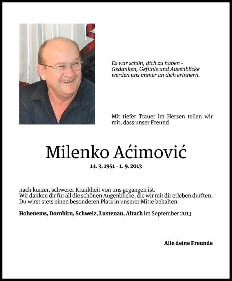  Todesanzeige für Milenko Acimovic vom 02.09.2013 aus Vorarlberger Nachrichten