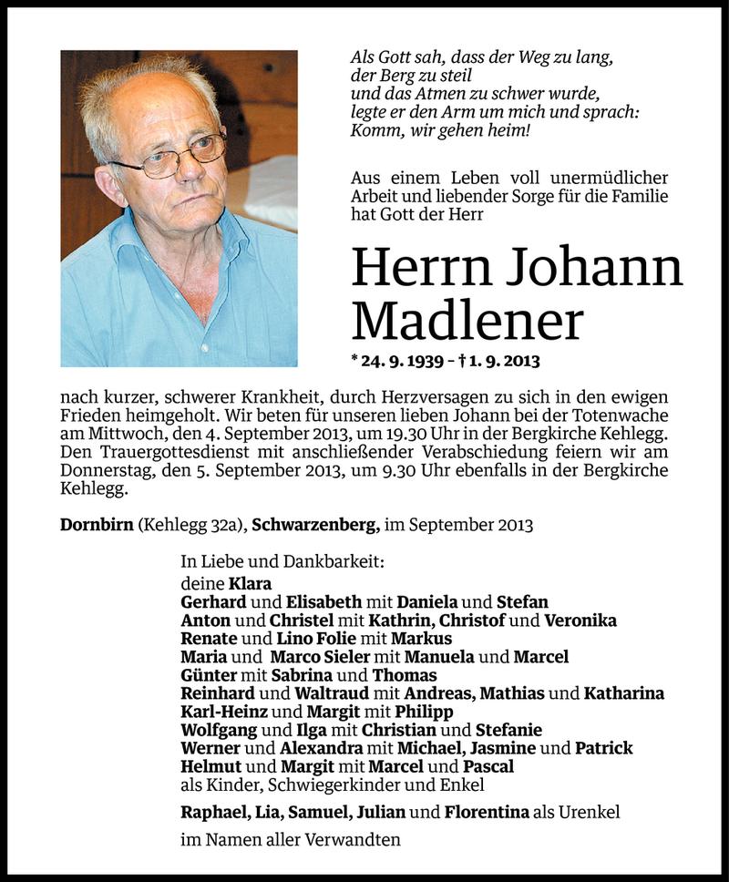  Todesanzeige für Johann Madlener vom 03.09.2013 aus Vorarlberger Nachrichten