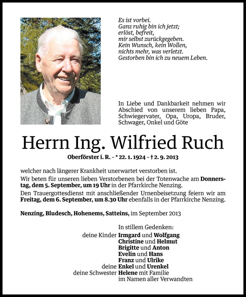  Todesanzeige für Wilfried Ruch vom 04.09.2013 aus Vorarlberger Nachrichten