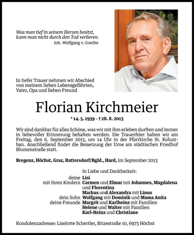  Todesanzeige für Florian Kirchmeier vom 03.09.2013 aus Vorarlberger Nachrichten