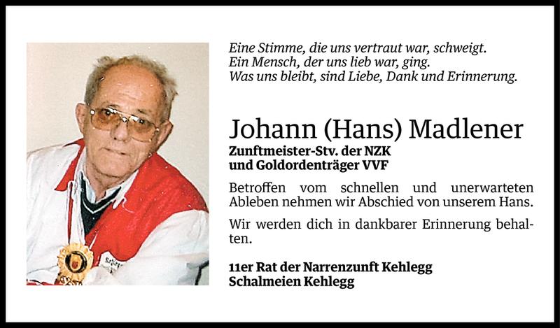  Todesanzeige für Johann Madlener vom 03.09.2013 aus Vorarlberger Nachrichten