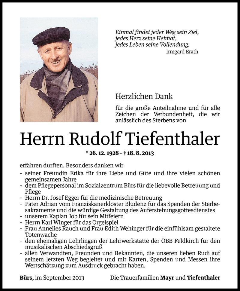  Todesanzeige für Rudolf Tiefenthaler vom 05.09.2013 aus Vorarlberger Nachrichten