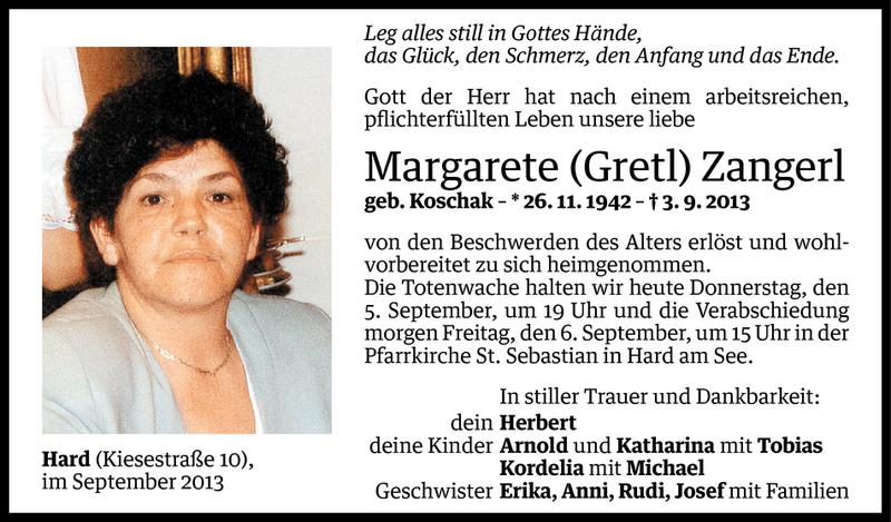  Todesanzeige für Margarete Zangerl vom 04.09.2013 aus Vorarlberger Nachrichten