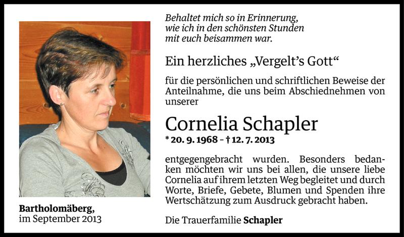  Todesanzeige für Cornelia Schapler vom 04.09.2013 aus Vorarlberger Nachrichten