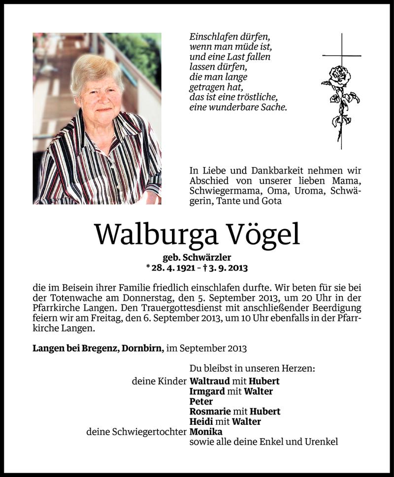  Todesanzeige für Walburga Vögel vom 04.09.2013 aus Vorarlberger Nachrichten