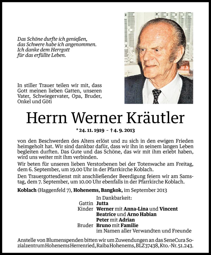  Todesanzeige für Werner Kräutler vom 05.09.2013 aus Vorarlberger Nachrichten