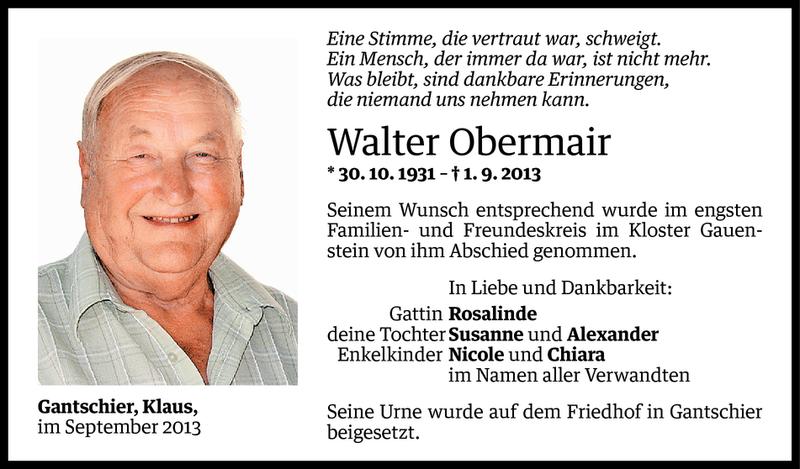  Todesanzeige für Walter Obermair vom 06.09.2013 aus Vorarlberger Nachrichten