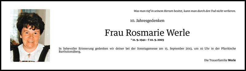  Todesanzeige für Rosmarie Werle vom 09.09.2013 aus Vorarlberger Nachrichten